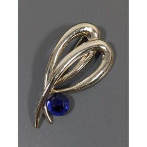 Gold Tone‎ Abstract Swirl Brooch Blue Rhinestone Modern Retro Pin